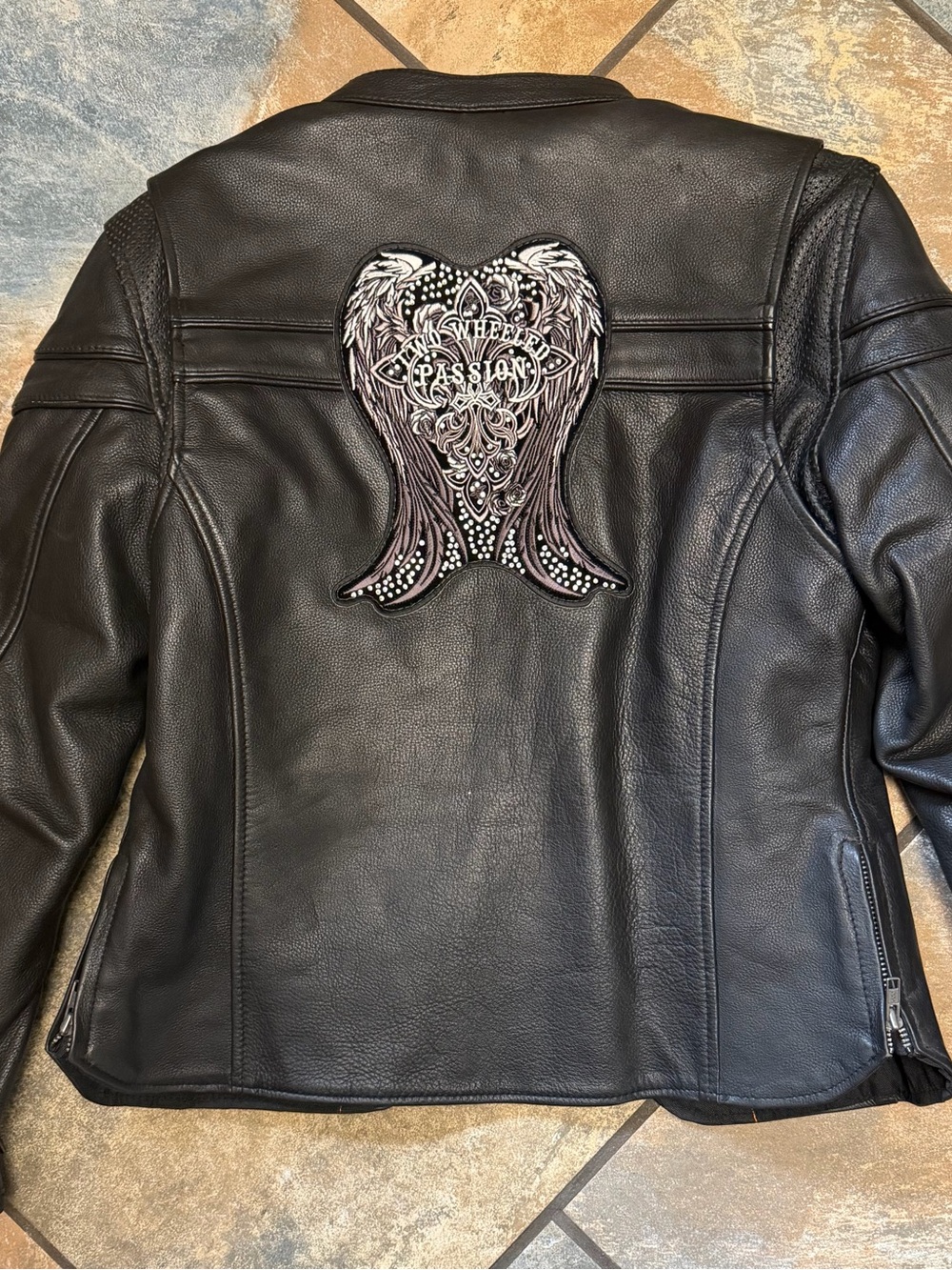 Black Leather Women's Jacket with Embroidered Angel Wing Patch